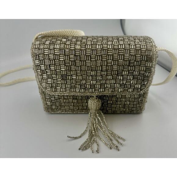VTG Magid Beaded Checkerboard Purse Crossbody Boxed Silver/Gold Evening Bag - Picture 1 of 10